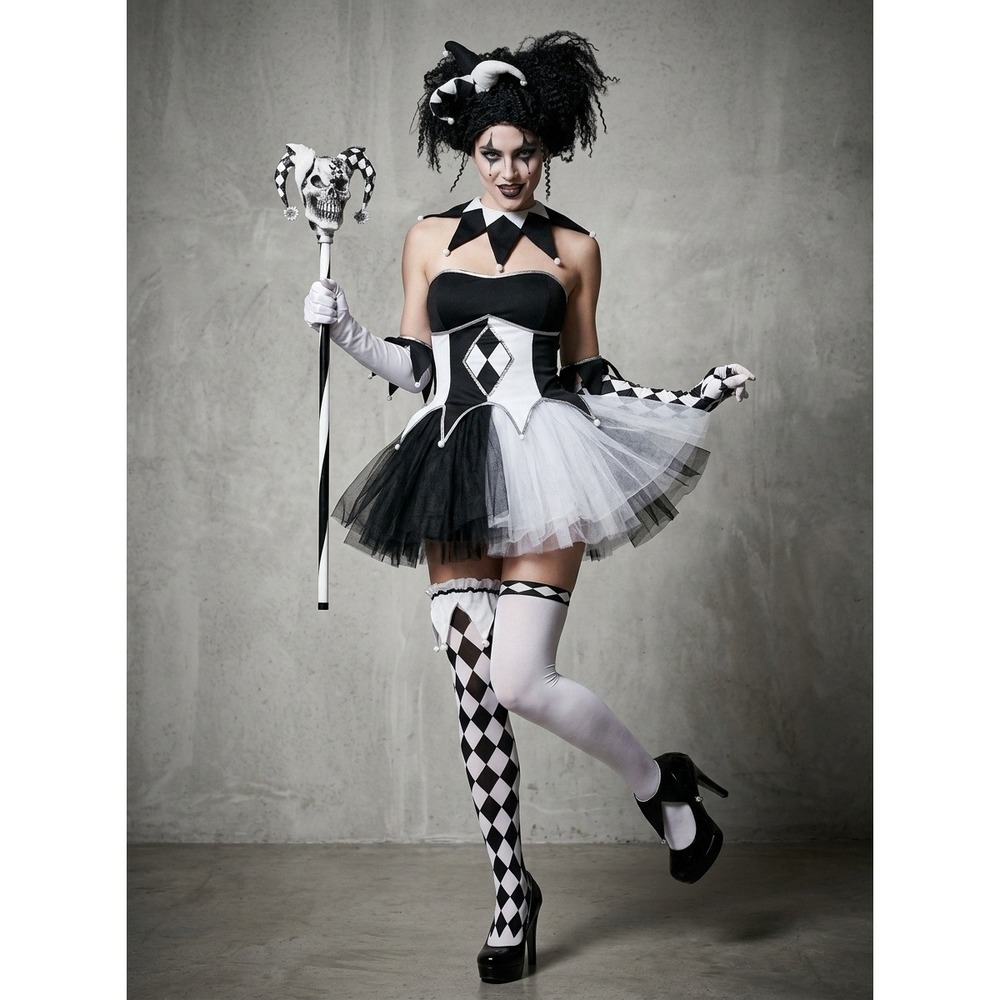 Tricksterina Bromista 11 Piece Harlequin Jester Costume Set Black White Large